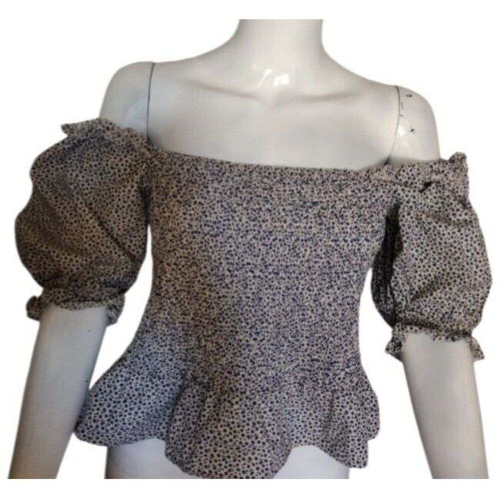 TOPSHOP Blouse Women 8 Blue Floral Bohemian Smocked Cropped Ruffle Puffy Sleeve‎